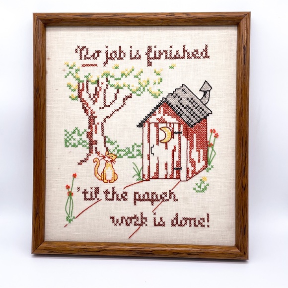 Vintage Cross Stitch Bathroom Sign No Job is Finished Wall Hanging - Picture 13 of 13